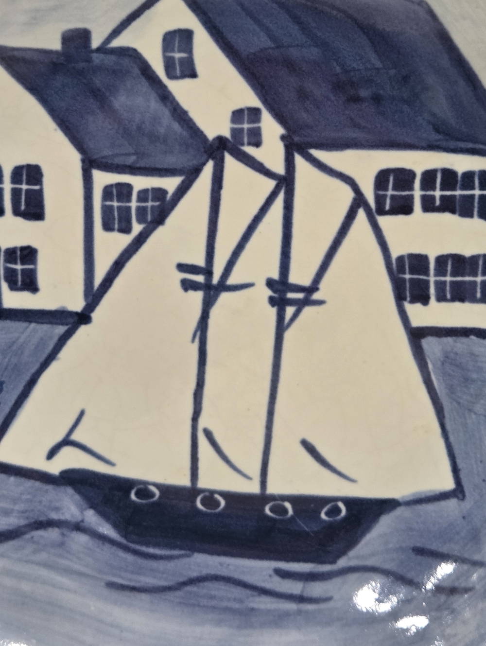 Hand-Painted Blue and White Ceramic Sailboat Plaque